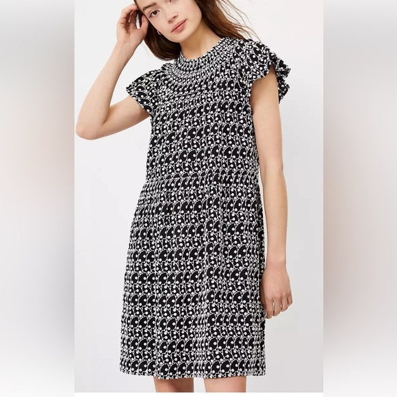 LOFT Dresses & Skirts - LOFT SMOCKED YOKE FLUTTER SLEEVES BLACK & WHITE EYELET EMBROIDERED DRESS SZ MP